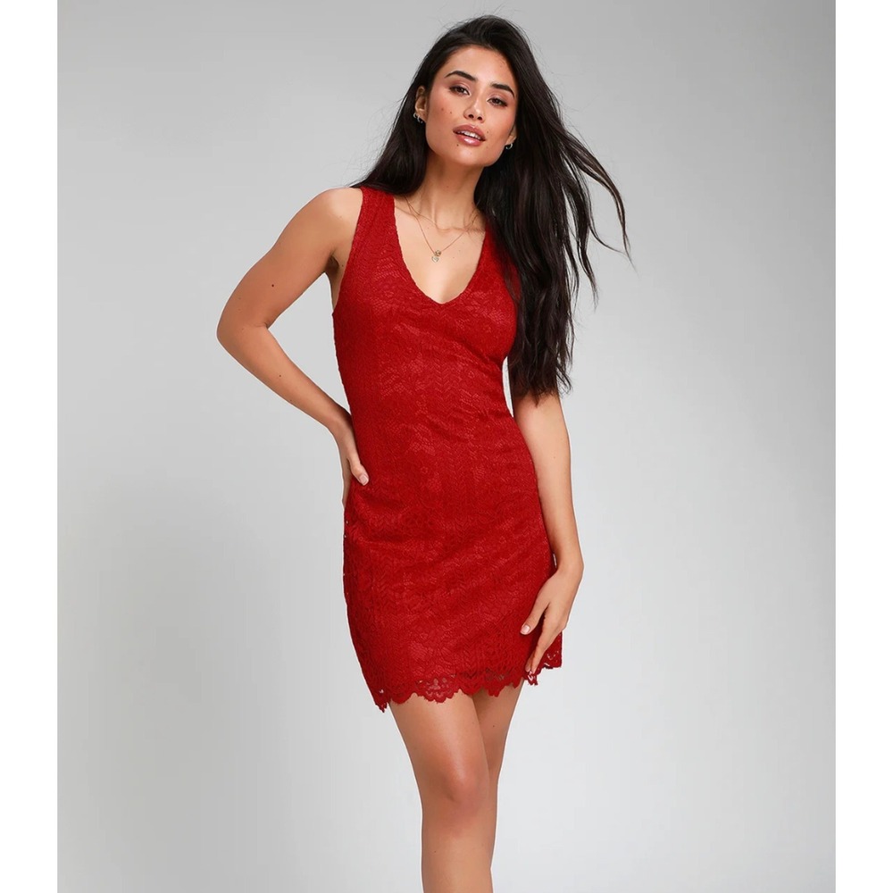 Lulu's Red Lace V-Neck Mini Dress